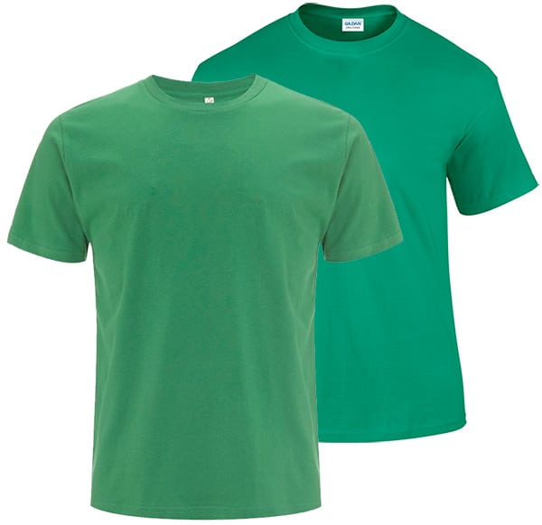 Comparison of Kelly Green t shirts between brands.