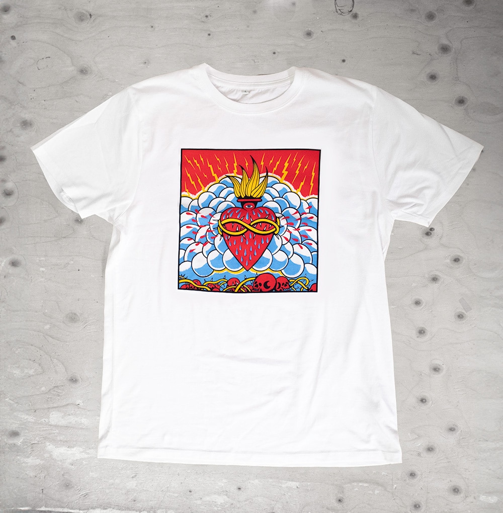 Achy Breaky Heart Screen Printed T Shirt Sample Design by Felix Griffiths Flat on Background