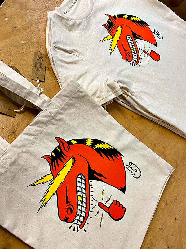 Lightning horse illustrated t shirts and tote bags by illustrator Felix Griffiths