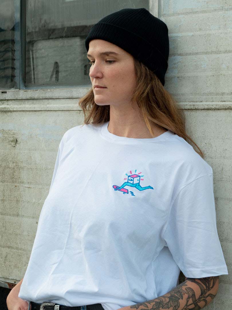 Skater Butt Embroidery by Michael Brown modeled in White T Shirt