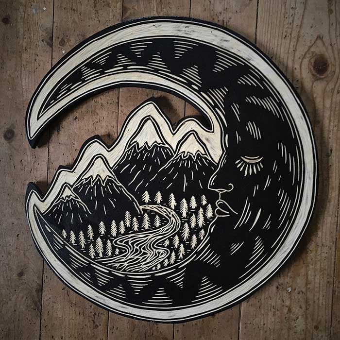 Moon Woodcut by Robbie Jones